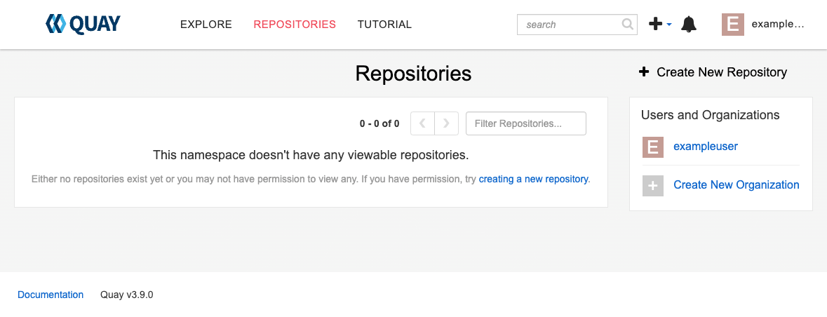 The Project Quay new user empty repositories screen The Project Quay new user empty repositories screen