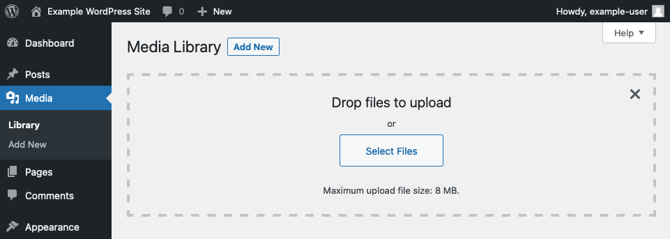 WordPress’s Media Library, showing the maximum file size for uploads WordPress’s Media Library, showing the maximum file size for uploads