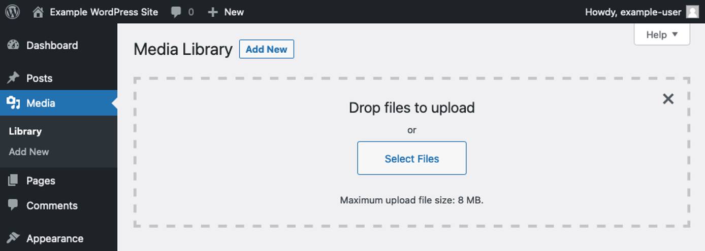 WordPress’s Media Library, showing the maximum file size for uploads WordPress’s Media Library, showing the maximum file size for uploads