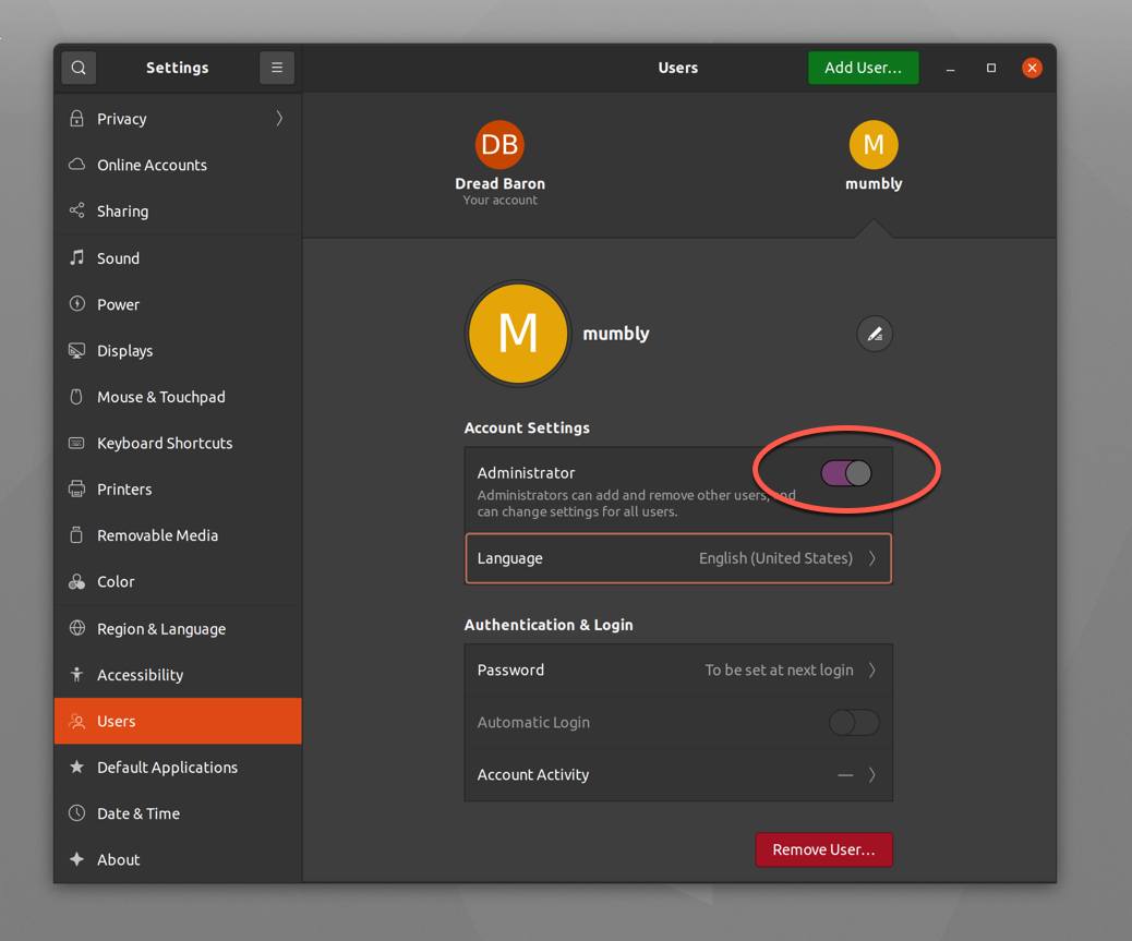 Toggle the administrator option on Toggle the administrator option on
