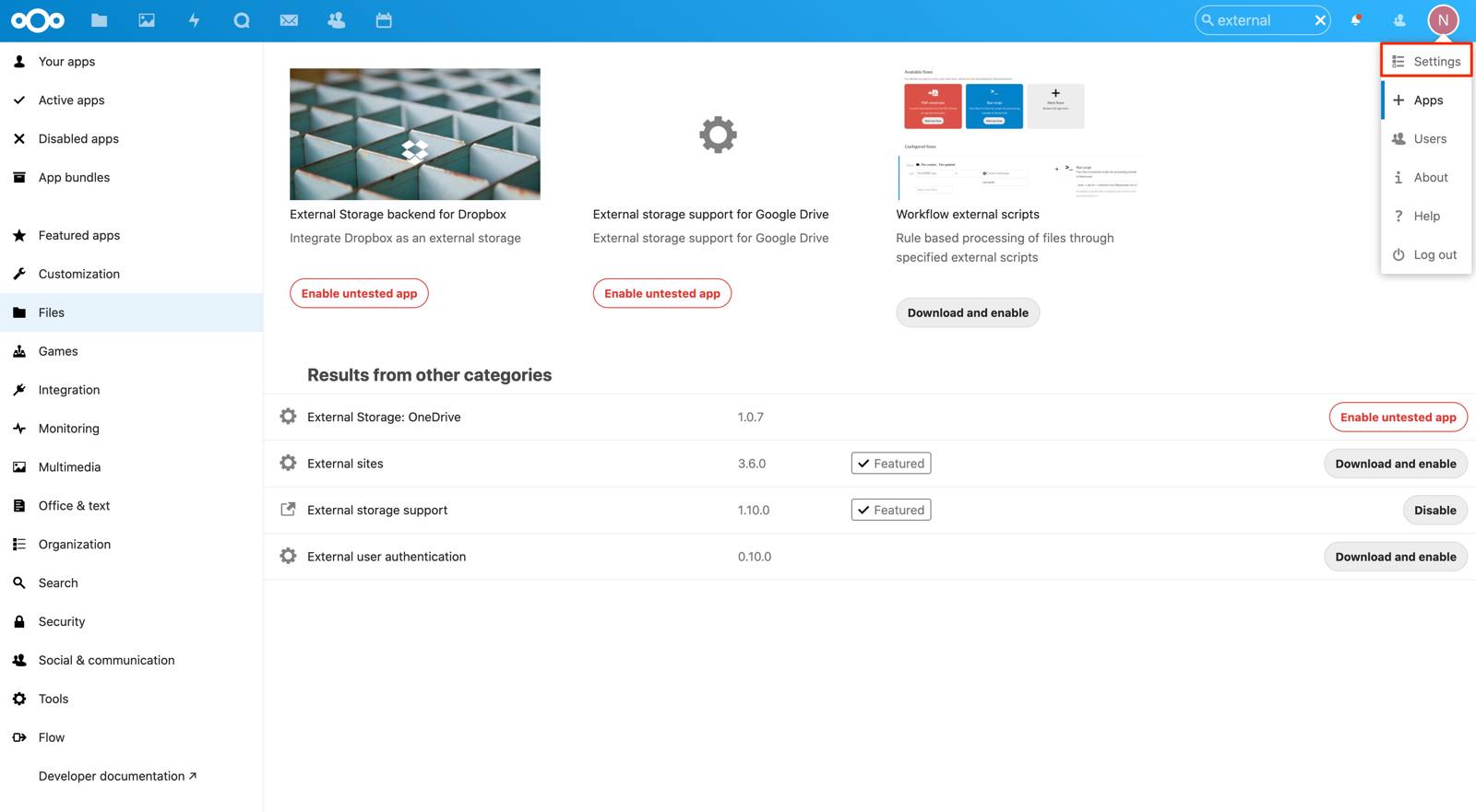 Access Nextcloud settings. Access Nextcloud settings.