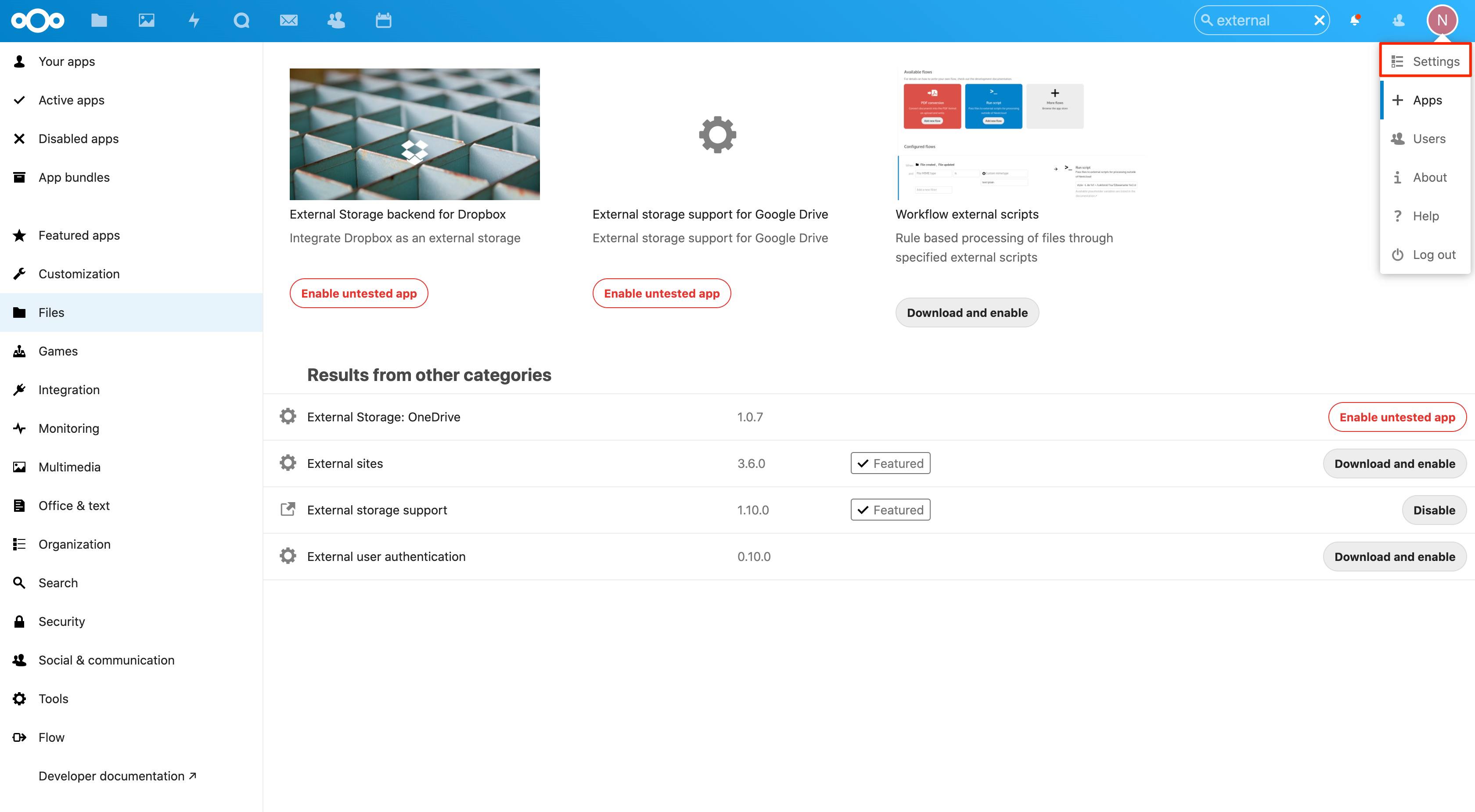 Access Nextcloud settings. Access Nextcloud settings.