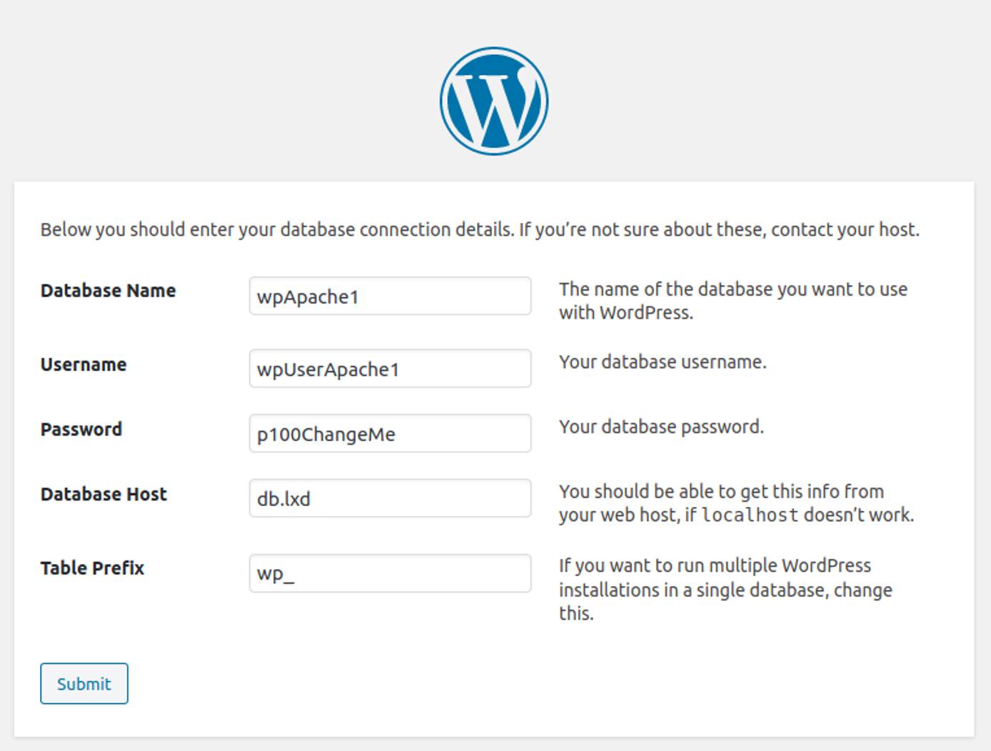 WordPress installation wizard: Add the database connection details WordPress installation Wizard: Database connection details