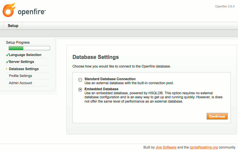 Database type selection in Openfire setup on CentOS 5. Database type selection in Openfire setup on CentOS 5.