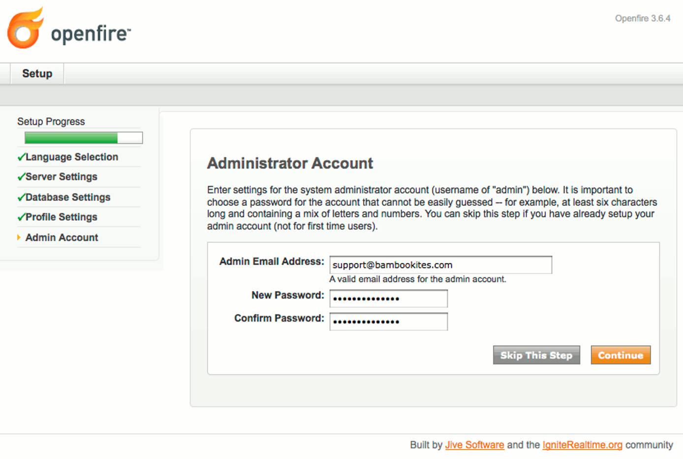 Administrator account settings in Openfire setup on CentOS 5. Administrator account settings in Openfire setup on CentOS 5.