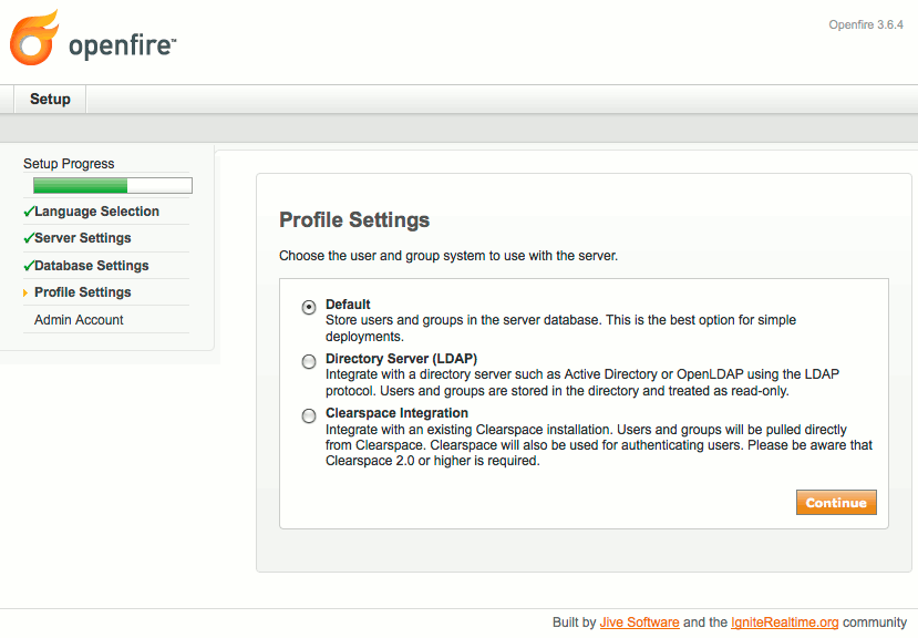 Profile storage selection in Openfire setup on Debian 6 (Squeeze). Profile storage selection in Openfire setup on Debian 6 (Squeeze).
