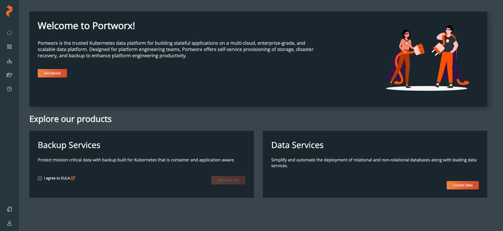 The “Welcome to Portworx” section of the Portworx Central Home page. The “Welcome to Portworx” section of the Portworx Central Home page.