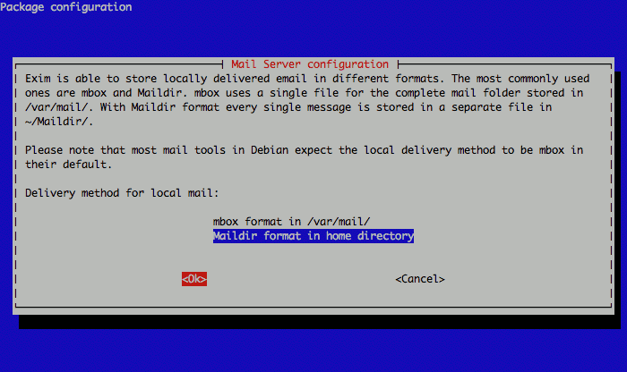 Exim maildirs or mbox configuration on Debian 5. Exim maildirs or mbox configuration on Debian 5.