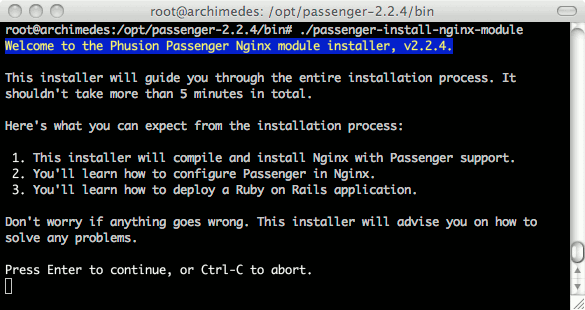 Phusion Passenger nginx installer program running on Ubuntu 9.10 (Karmic). Phusion Passenger nginx installer program running on Ubuntu 9.10 (Karmic).