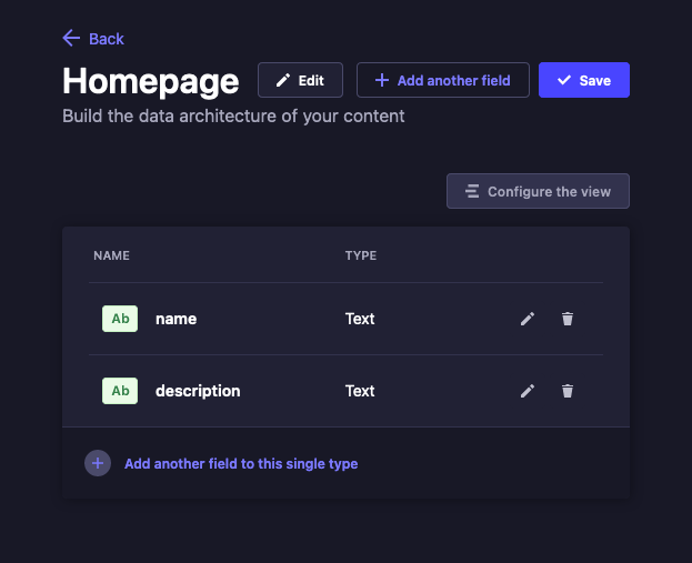 Strapi with a completed “Home” single Strapi with a completed “Home” single