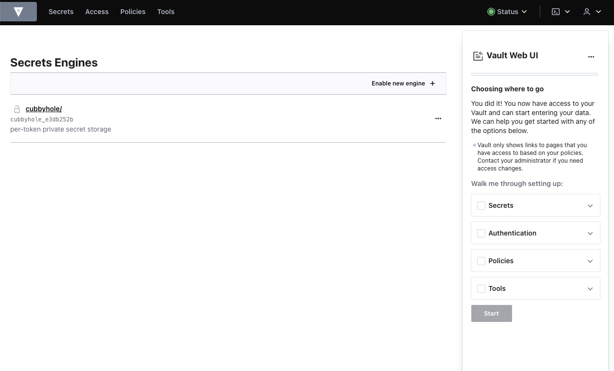Screenshot of unsealed Vault web UI Screenshot of unsealed Vault web UI