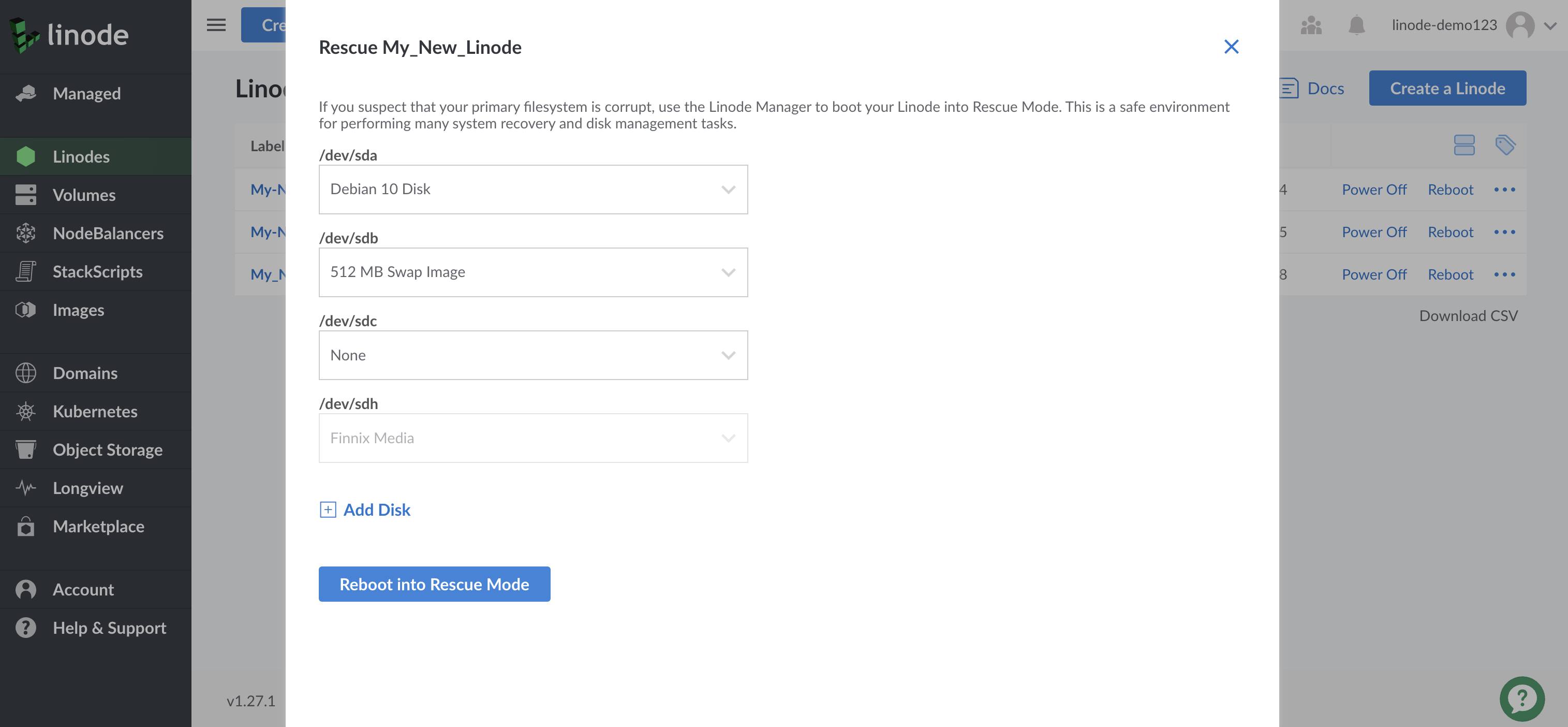Cloud Manager Rescue form - /dev/sda highlighted Cloud Manager Rescue form - /dev/sda highlighted