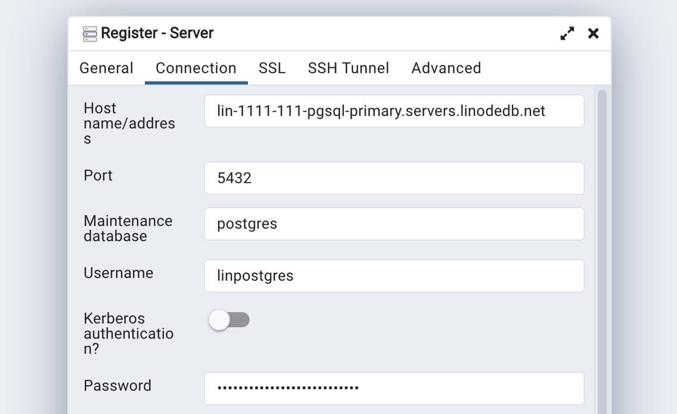Screenshot of the Connection tab within the Register Server form Screenshot of the Connection tab within the Register Server form