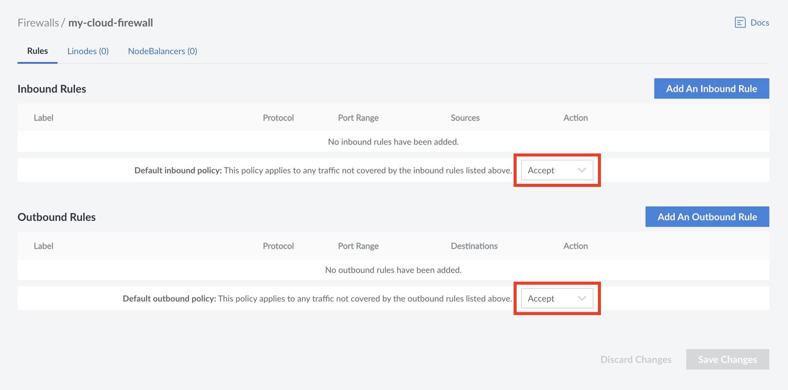 Click on the Add an Inbound/Outbound Rule link. Default policy selection.